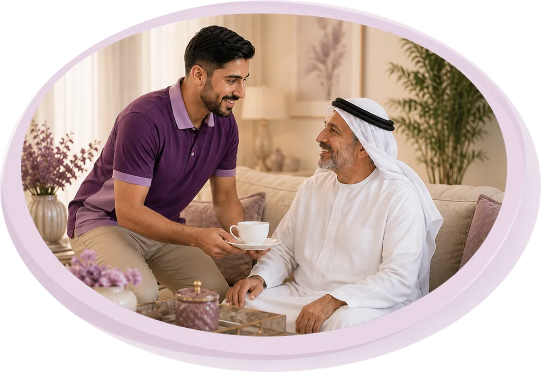A carer visiting an Emirati family at home in Abu Dhabi, sharing conversation and company